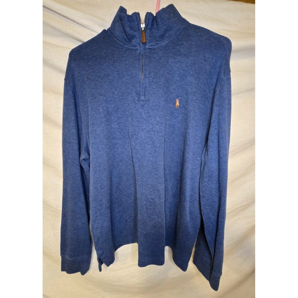 Polo Ralph Lauren Estate Rib Quarter Zip Pullover Blue Cotton Sweater Mens Large